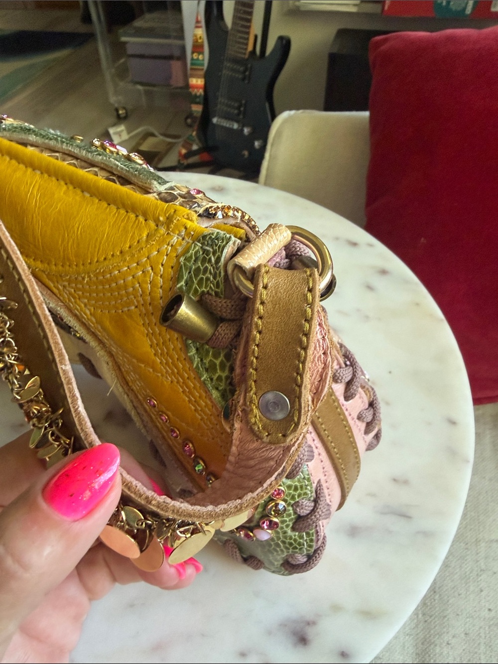 Beaded Mini Shoulder Bag in Green, Yellow and Pink - Picture 6 of 8